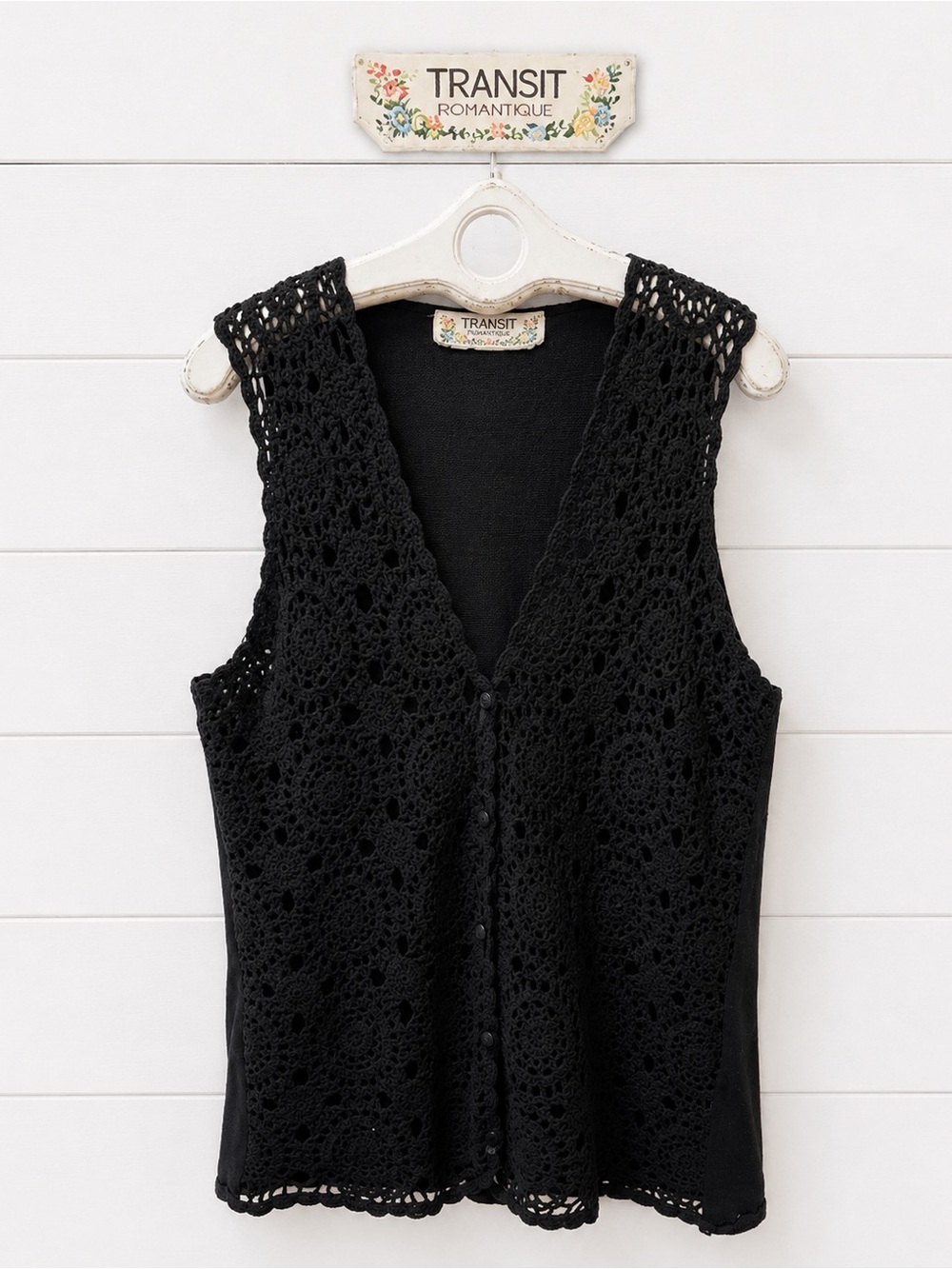 TRANSIT ROMANTIQUE – Black Crochet Knit Vest (Size M)